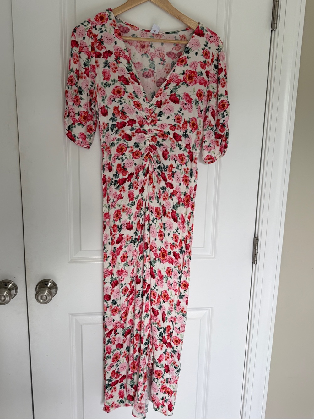 Old Navy Floral Ruched Midi Dress Small Pink Red Coquette Cottagecore Y2K